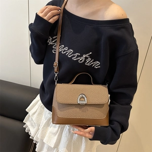 Retro brown woven crossbody bag with silver horseshoe buckle shown on a model