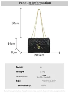 Detail of black quilted chain bag with a gold rabbit-shaped lock and PU leather texture