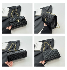 Detailed views of black quilted chain bag featuring a gold rabbit clasp and leather texture