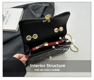 Detailed interior view of quilted bag showing two main compartments and center zipper pocket