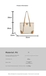Detailed size chart for the minimalist white PU tote bag with dimensions and strap height