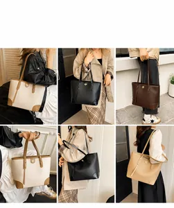 Detailed views of models carrying the textured leather tote bag in four classic colors