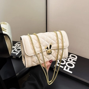 Women Quilted Diamond Lattice Crossbody Bag PU Leather Fashion Small Square Bag With Rabbit Ear Lock Gold Chain Purse
