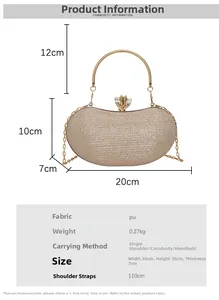 Detail view of sparkly evening clutch with dimensions and floral rhinestone clasp