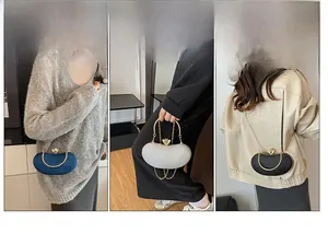 Detailed views of sparkly half-moon evening bag shown in handheld, shoulder, and crossbody styles