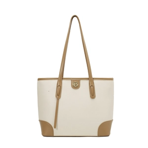 Retro cream and brown contrast stitching tote bag with gold M logo for daily commuting