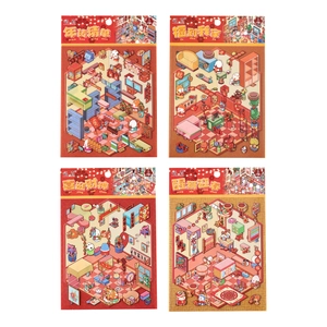 Ensemble d'autocollants 3D isométriques Nouvel An Chinois avec motifs festifs rouges