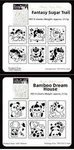 Detail view of unicorn and panda PET painting stencils set, 6 sheets of 100x100mm size