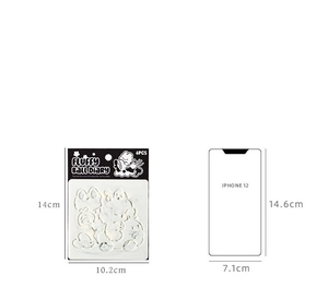 Size comparison of 6pcs cute cartoon painting stencils with iPhone 12 reference