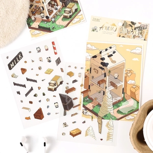 3PCS Aroma Cottage 3D creative stickers set with cartoon animals and scene background card