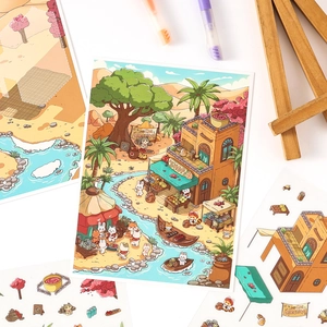 3D cat desert oasis stickers set with creative scene card for DIY stationery decor