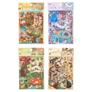 Creative 3D Oasis theme cartoon stickers set with mushroom forest and desert station designs