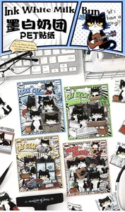 Gros plan de jolis autocollants de chat dessin animé noir et blanc pour scrapbooking