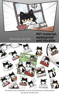 Lot de stickers en PET imperméables avec d'adorables chats de dessin animé noir et blanc
