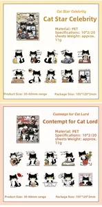 Détail des autocollants en PET pour chats avec illustrations mignonnes et textes