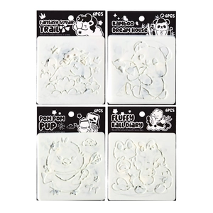 Set of 4 DIY plastic stencils featuring cute unicorn, panda, pup, and bunny designs for painting