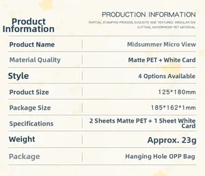 Detailed specifications of Midsummer micro view PET stickers with gold foil details
