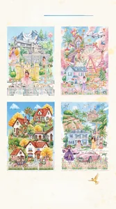 Macro detail of 3D miniature creative stickers featuring dreamy landscapes and scenarios