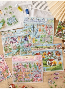 Macro display of watercolor 3D stickers including Moon Bridge and Cloud Hidden Mountain themes