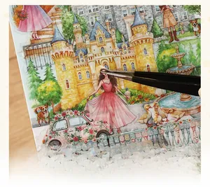 Detailed view of DIY watercolor stickers featuring European castle and floral vintage car
