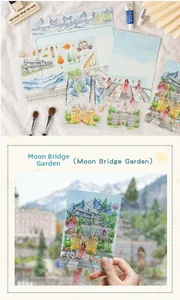 Detail of Moon Bridge Garden 3D stickers showing watercolor European castle and garden art