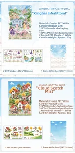 Detail of creative landscape stickers set including PET material and scenery background cards