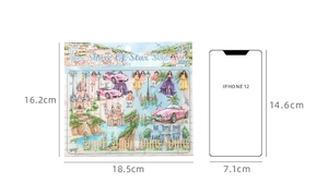 Detailed size guide of dreamscape sticker pack with iPhone 12 comparison 16.2x18.5cm