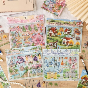 Creative 3D fairy tale landscape stickers for planners featuring castles and moon windows