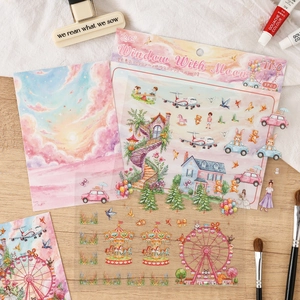 Midsummer scenery stickers and postcards set with pink sunset watercolor illustrations