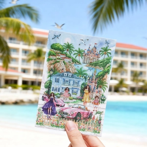 Artistic midsummer scene scrapbooking stickers featuring retro car and villa illustrations