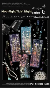 Detail of PET stickers with holographic silver foil and starry night butterfly designs