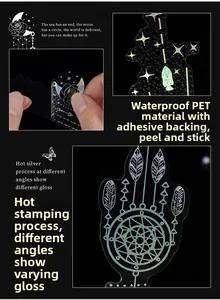 Detail of silver foil PET stickers featuring dreamcatchers and lunar patterns on black