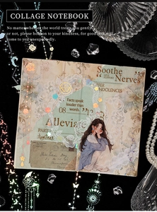 Macro shot of vintage collage stickers with glittering gold details and floral motifs