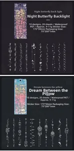 Macro detail of waterproof PET laser stickers with silver butterfly and dreamcatcher designs