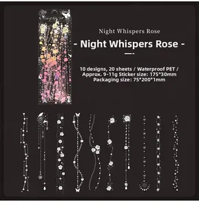 Detail view of 10 waterproof PET floral sticker designs from Night Whisper Rose set