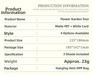 Specifications for Flower Garden Tour matte PET stickers with size and pack details