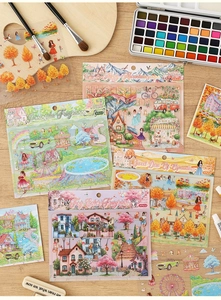 Close-up of artistic 3D stickers showing miniature floral scenes and European architecture