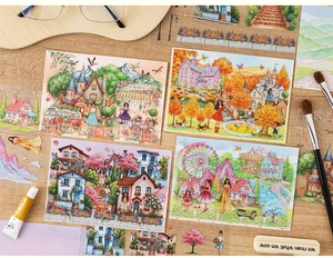 Macro view of floral garden theme scrapbooking stickers on a natural wooden desk surface