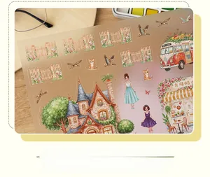 Close-up of matte PET 3D stickers featuring European castle and floral scenery patterns