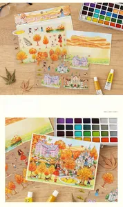 Macro view of 3D autumn miniature scene stickers featuring maple leaves and architecture