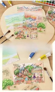 Detail of Misty Mountainscape watercolor stickers with 3D miniature scenery on wooden board