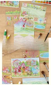 Detailed close-up of decorative floral garden stickers with artistic hand-drawn scenery