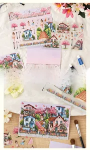 Detail of floral lifestyle scrapbooking stickers with artistic hand-drawn patterns