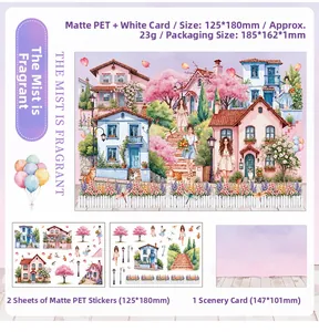 Macro view of matte PET landscape stickers with matching card for creative journaling