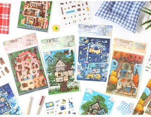 Detail view of 39pcs 3D stickers featuring cozy house and treehouse hand-drawn designs