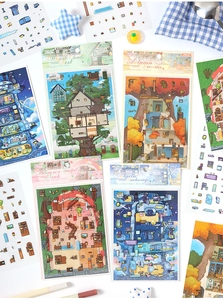Detailed view of four theme 3D stickers sets including Autumn Treehouse and Galaxy designs