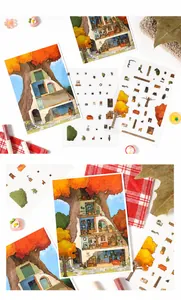 Detail von 3D-Herbst-Baumhaus-Aufklebern mit Miniaturmöbeln für DIY-Scrapbooking