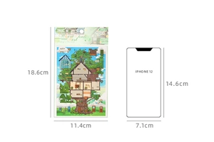 Size comparison of 3D treehouse DIY stickers showing 18.6x11.4cm dimensions next to a phone