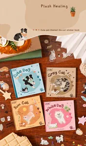Set of four cute cartoon pet-themed die-cut sticker books on a warm wooden background