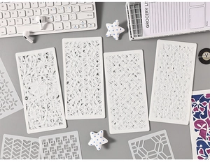 Detailed view of geometric and floral PET stencils for creative DIY painting and drawing